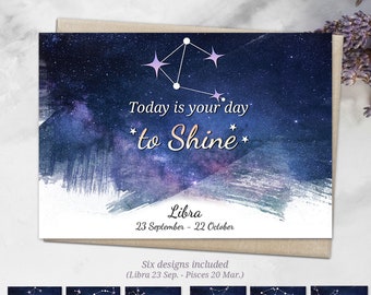 6x Printable Zodiac Signs Happy Birthday Card, (Libra - Pisces, Sep 23 - Mar 20) digital zodiac signs greeting cards galaxy theme