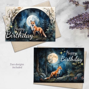 Digitale Clipart verjaardagskaart 'The Night of The Full Moon', Digitale Instant download, Aquarel stijl wenskaart, vos in het bos
