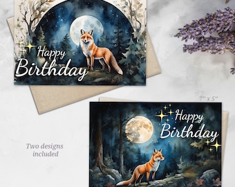 Digital Clipart Birthday Card &#39;The Night of The Full Moon&#39;, Digital Instant download, Watercolor style greeting card, fox in the forest