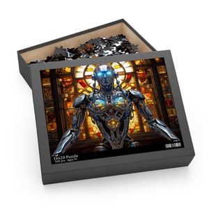 Puede incluir: Un rompecabezas de 500 piezas con un robot metálico con ojos azules brillantes de pie frente a una ventana de vidriera. La caja del rompecabezas es negra con el texto "16x20 Puzzle 500 pcs Ages 9+"