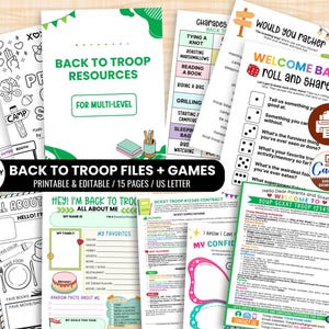 Peut inclure: Une collection de ressources et de jeux imprimables et modifiables pour le retour en troupe sur papier format lettre US. Les documents comprennent diverses feuilles d'activités, dont un jeu de dés, un formulaire de présentation et des fiches.
