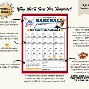 Baseball Fundraiser Calendar Sheet Editable QR Code, Baseball Coach Mom ...
