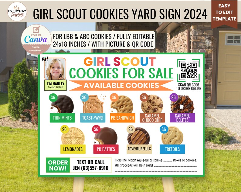 Girl Scout Cookies Yard Sign 2024 LBB ABC Baker With QR Code, Cookie