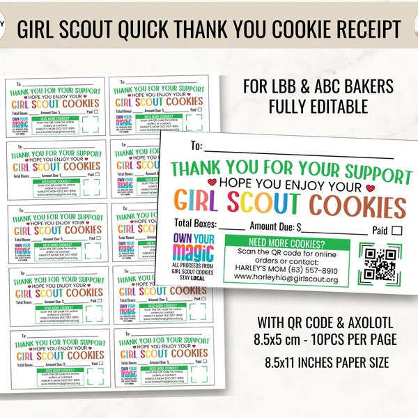 Carte de remerciement rapide Girl Scout Cookie 2024 avec reçu de commande de cookies et code QR pour boulanger LBB et ABC, étiquette d'appréciation modifiable