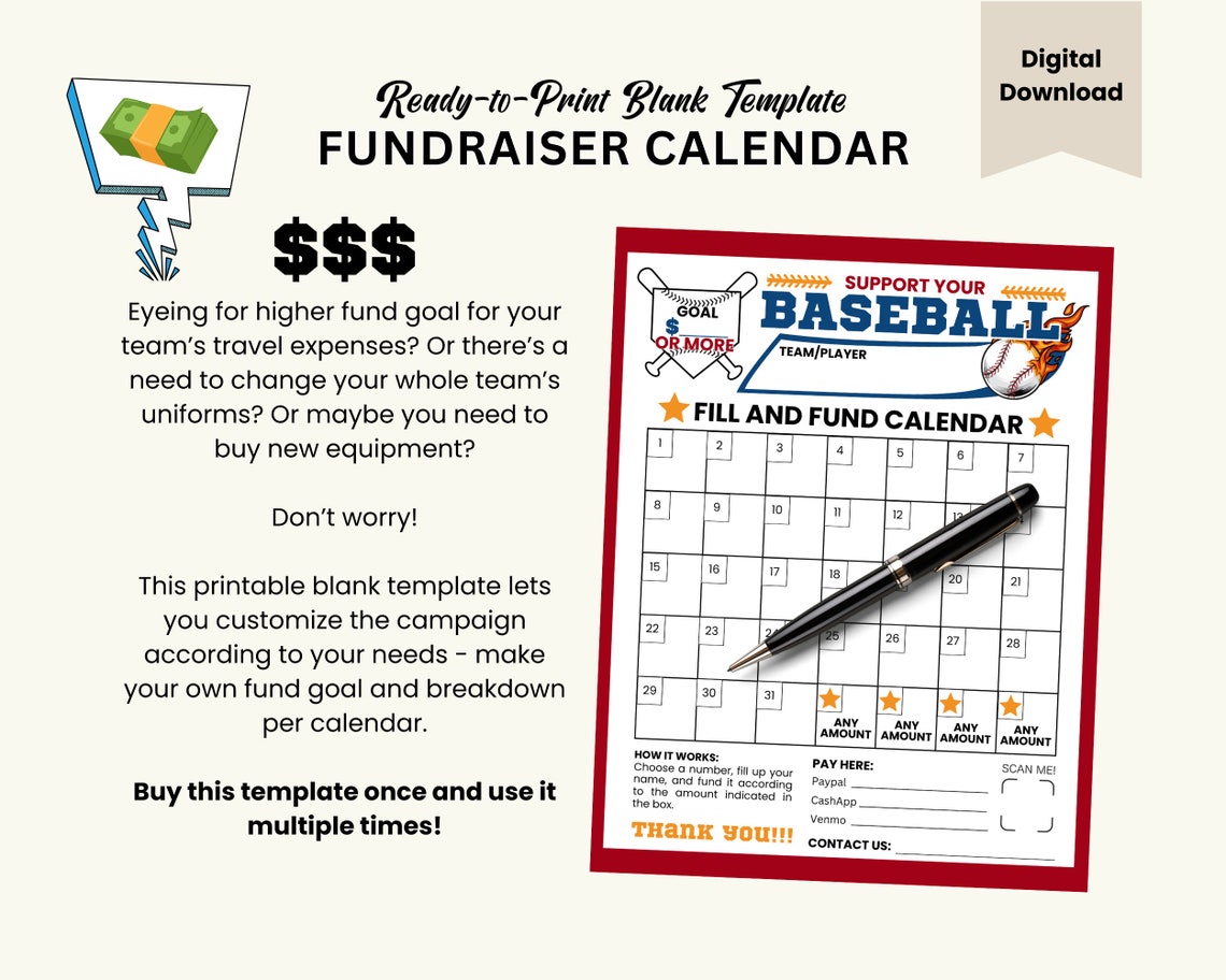 Baseball Fundraiser Calendar Sheet Editable QR Code, Baseball Coach Mom ...
