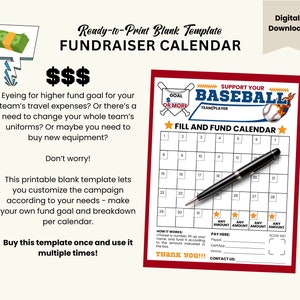 Baseball Fundraiser Calendar Sheet Editable QR Code Baseball Coach Mom