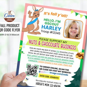 May include: A fall-themed product flyer featuring a cartoon kangaroo mascot, a placeholder photo frame, and text reading It's fall y'all, Hello I'm Gscout Harley, Please support my nuts & chocolate business, and a QR code for online ordering.