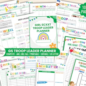 Planificador de líder scout personalizado, paquete de plantillas editables e imprimibles, hoja de trabajo para organizador de seguimiento de tropas, certificado personalizado, boletín informativo