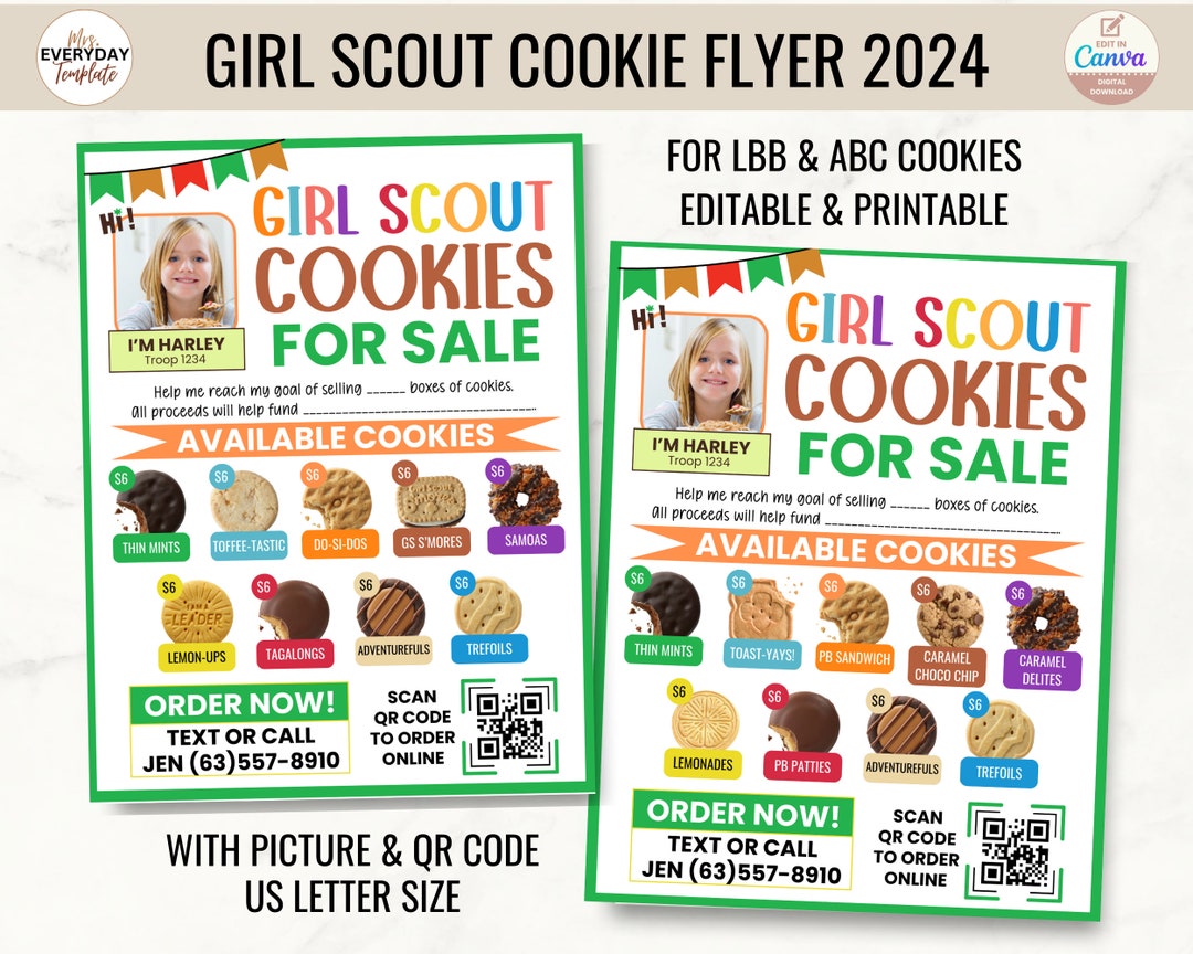 Editable Girl Scout Cookie Sales Flyer 2024 With QR Code for ABC and LBB Cookies, Girl Scout