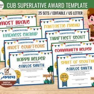 Cub Award Certificate Editable Template Boys Achievement Award Blue ...