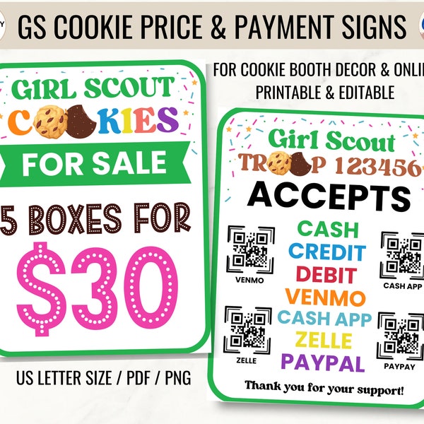 Girl Scout Cookie Payment Sign 2024 with QR Code for ABC & LBB Cookies, Girl Scout Cookie Price Sign, Scan to Pay Sign, Cookie Booth Decor