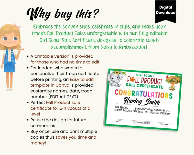 Editable Girl Scout Certificate Fall Product Sale Certificate, Scout ...