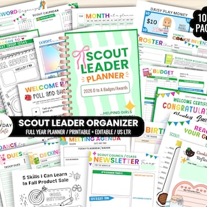 May include: A collection of printable Scout Leader Planner pages featuring a central cover with a pink bow and green stripes. The documents include templates for attendance, dues, meeting agendas, newsletters, and goal tracking, all designed for troop organization.