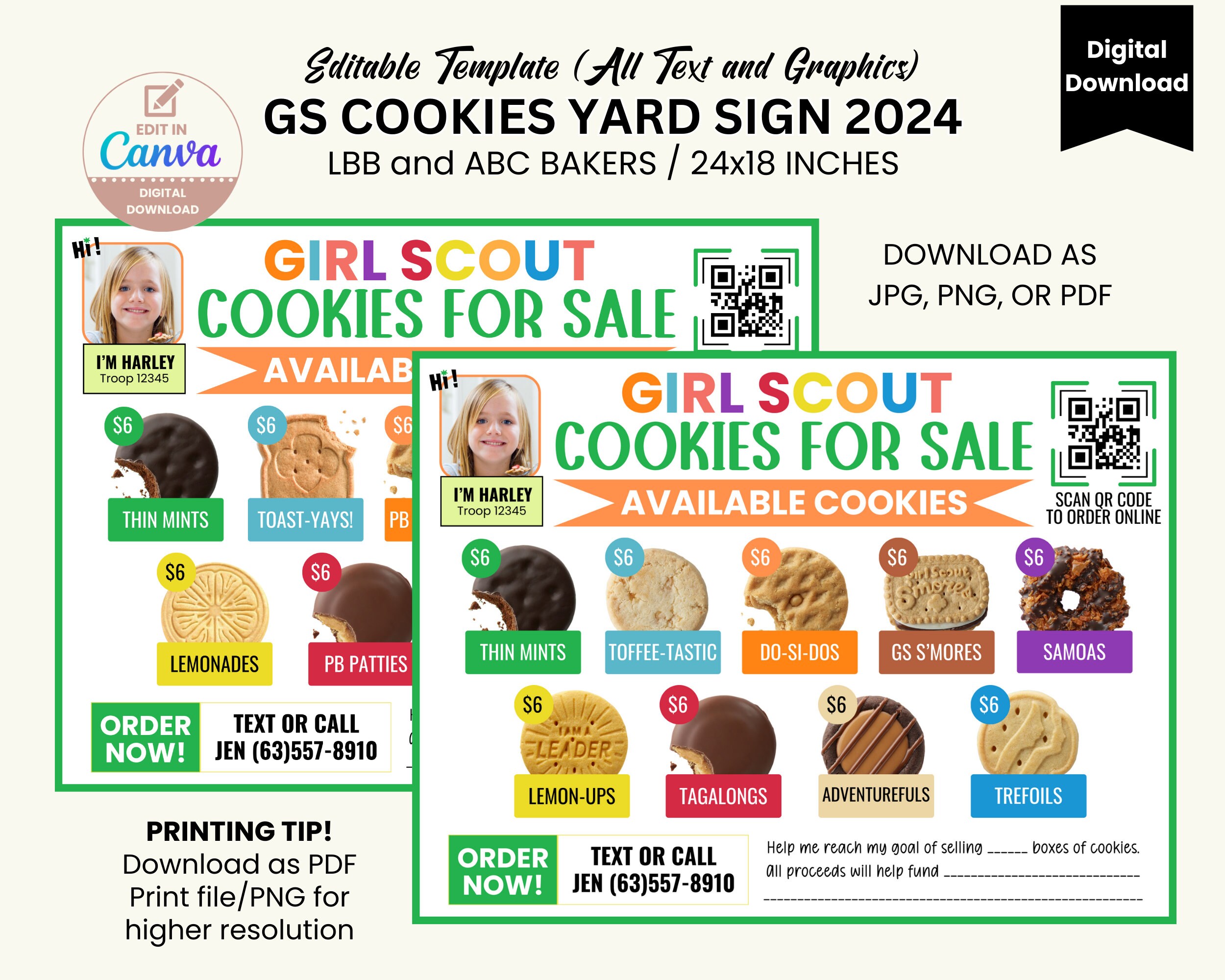 Girl Scout Cookies Yard Sign 2024 LBB ABC Baker With QR Code, Cookie