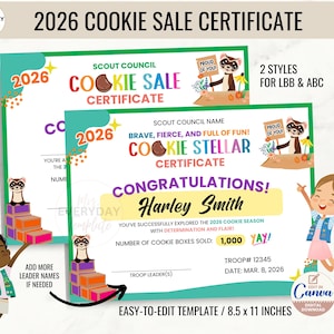 Könnte beinhalten: Zwei farbenfrohe 2026 Cookie Sale Zertifikate. Ein Zertifikat lautet "Cookie Sale Certificate" und das andere "Cookie Stellar Certificate". Beide Zertifikate haben einen Cartoon-Waschbären und ein Pfadfinderin.