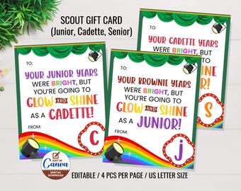 Etiqueta de regalo editable para el kit de transición de los Scouts, cesta de regalo para Scouts Junior Cadette y Senior Scout, recuerdo de fiesta, kit de transición para líderes de tropa, tarjeta de regalo de fin de año imprimible