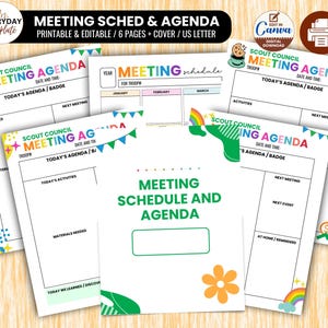 Puede incluir: Un conjunto de plantillas imprimibles y editables de cronograma y agenda de reuniones para consejos scout. Los documentos presentan encabezados coloridos, banderines y gráficos florales con secciones para números de tropa, fechas y actividades.
