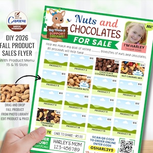 Folheto de Vendas Editável de Produtos Escoteiros para o Outono de 2026 com Cardápio de Chocolates com Nozes, Lista de Preços, Código QR para Fazer Você Mesmo, Cartão de Pedido de Guloseimas de Outono, Kit de Marketing para Tropas