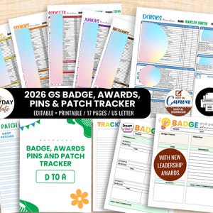 May include: A collection of 17 printable 2026 GS badge, awards, pins, and patch tracker templates. The documents feature colorful headers, tables for tracking progress, and sections for troop information, all designed for US letter size paper.
