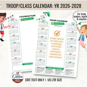 Scout Calendar Editable Template Year-at-a-Glance Calendar Troop Leader Organizer Custom Back to School Teacher Parent Class Planning Guide