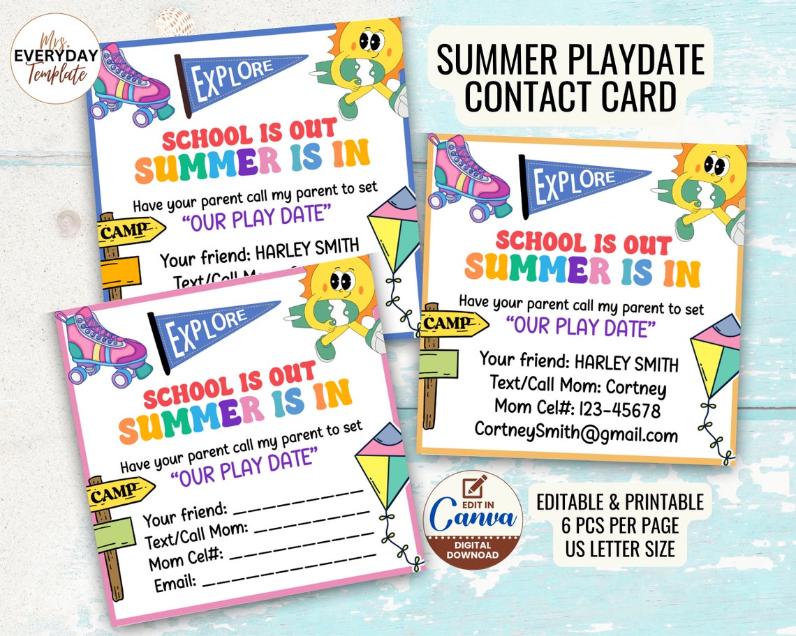 Editable Playdate Cards Template Custom Playdate Contact Card for Kids