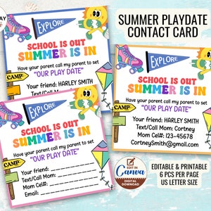 Bearbeitbare Playdate-Kartenvorlage, benutzerdefinierte Playdate-Kontaktkarte für Kinder, Keep in Touch-Karten, Einladung zum Sommerspieldatum am Ende des Schuljahres