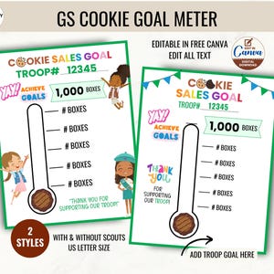 Peut inclure: Un compteur de vente de biscuits Girl Scout imprimable avec un design de thermomètre. Le compteur a un objectif de 1 000 boîtes et comprend un espace pour suivre les progrès. Le texte « YAY ! Atteindre les objectifs » est en haut du compteur. Le texte « Merci de soutenir notre troupe » est en bas du compteur. Le compteur est modifiable dans Canva.