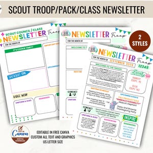 Plantilla editable para boletín informativo de tropa de scouts en Canva, folleto de bienvenida de Girl Scouts, organizador personalizado para líderes de tropa, carta para padres y maestros de regreso a la escuela