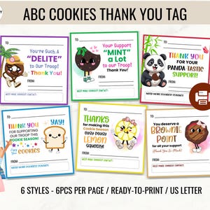 Scout Cookie Dankeschön Tag druckbare ABC Cookies Dankeskarte, schnelle Dankeschön-Karte für Mädchen Scouting Cookie Verkäufer Kit