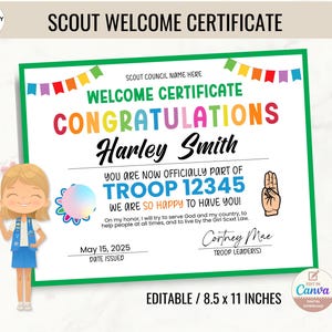 Custom Scout Certificate Welcome Daisy Scout Certificate of Investiture New Troop Member Gift Girl Scouting Keepsake Bridging Ceremony Award