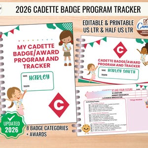 May include: A 2026 Cadette badge and award program tracker template featuring illustrations of children, a red diamond logo with a C, and sections for names and troop numbers. The document includes checklists for activities, tasks, and badge categories.