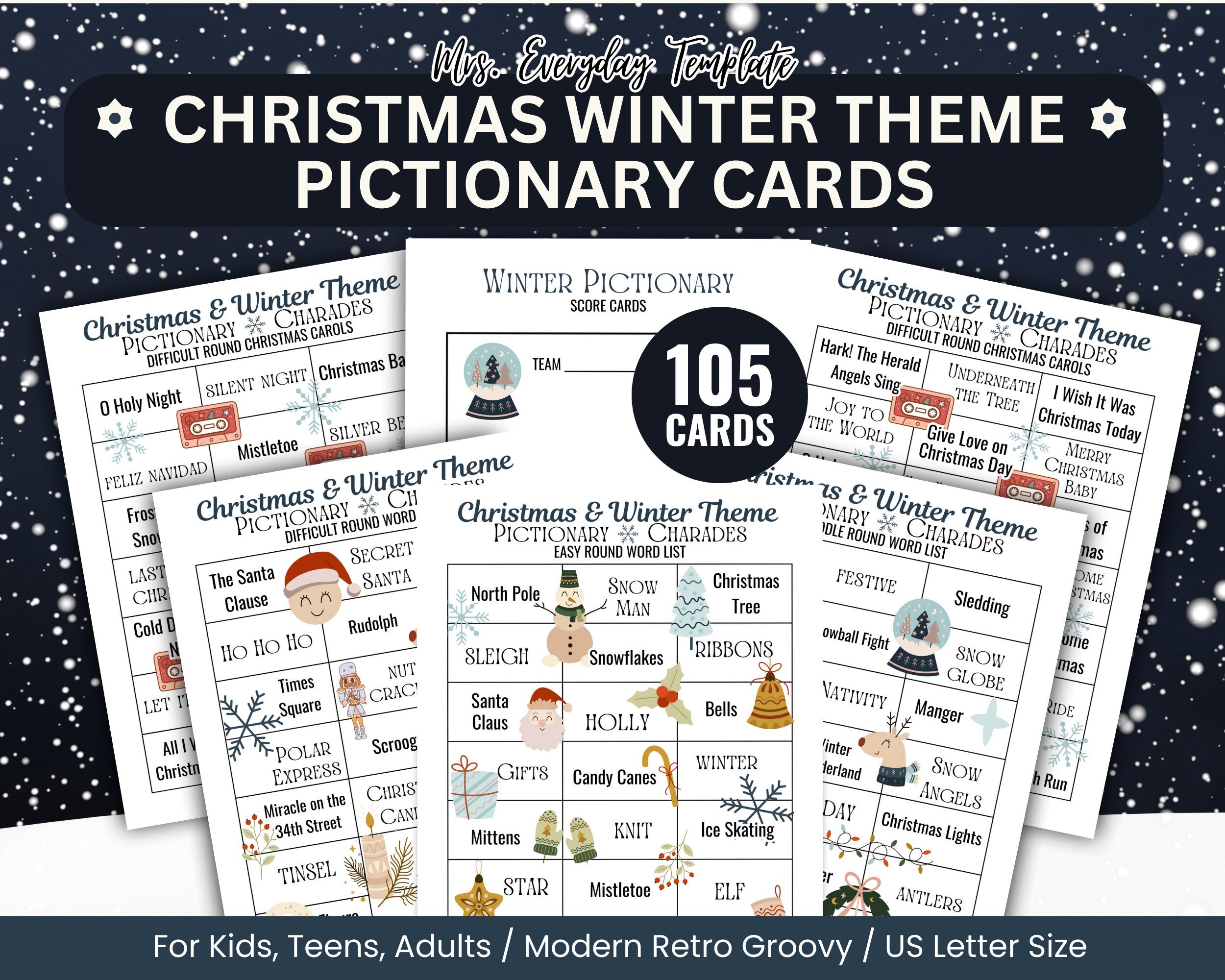 Christmas Winter Pictionary Cards Printable, Christmas Pictionary Songs ...