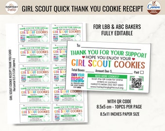 Girl Scout Cookie Quick Thank You Note Card 2024 w/ Cookie Order Receipt and QR Code for LBB & ABC Baker, Editable Purchase Appreciation Tag