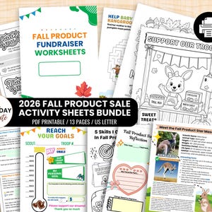 May include: A collection of 13 printable PDF activity sheets for a 2026 fall product fundraiser. The pages feature worksheets, goal trackers, coloring pages with a kangaroo mascot, and reflection forms, all designed for US letter size paper.