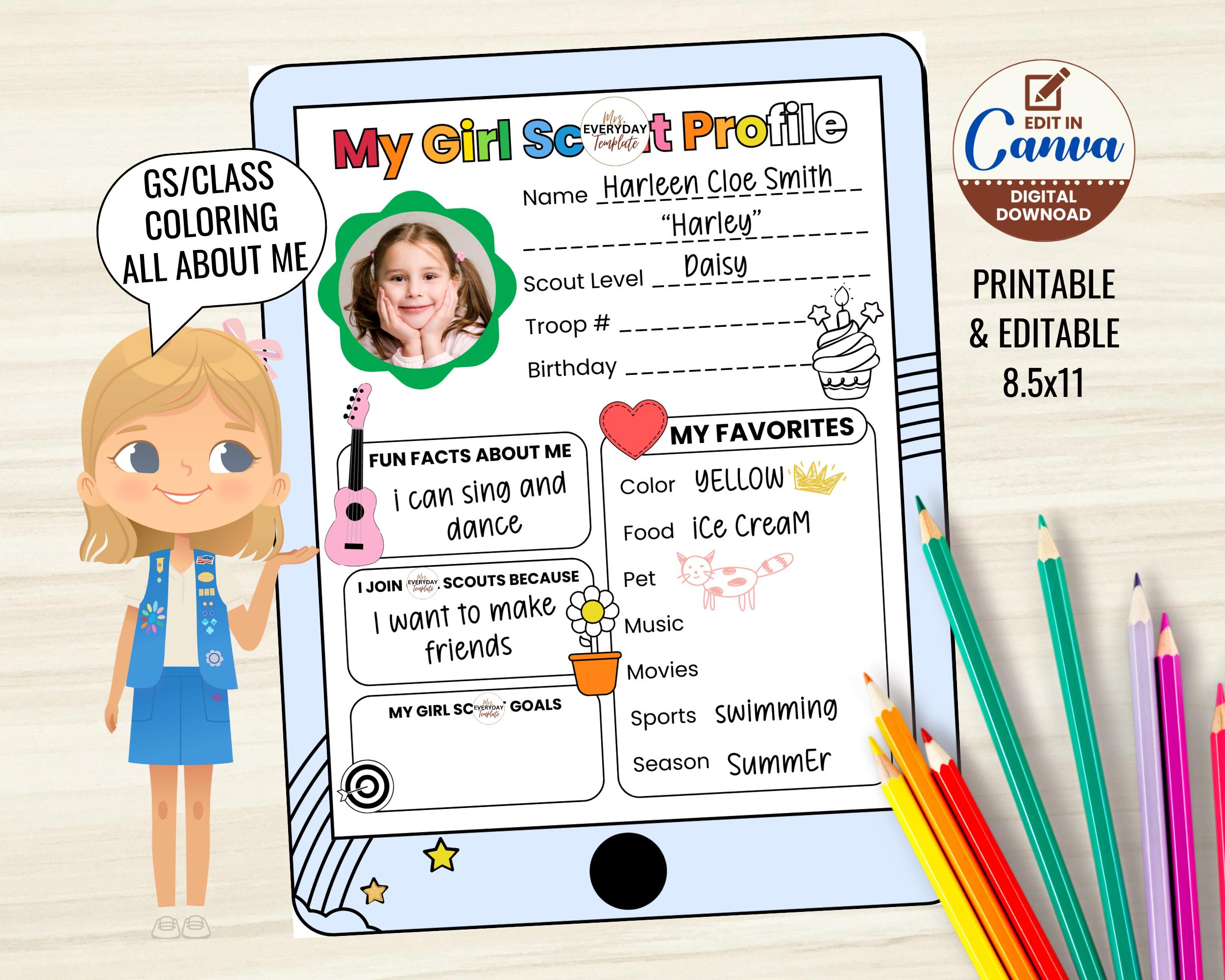 Scout All About Me Editable Template, Girl Boy Class Welcome Activity Coloring Page, Troop Leader Printable New Member Profile Introduction
