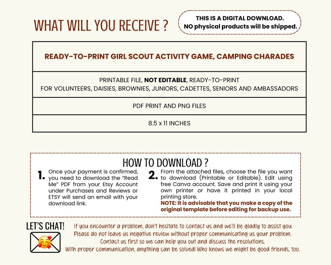 Girl Scout Troop Leader Printable Activity Game, Indoor Outdoor Camping ...
