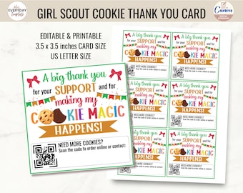 Girl Scout Cookie Thank You Note Card with QR Code for LBB & ABC Cookies Printable Editable. Reorder Cookie Tag, Purchase Appreciation Card