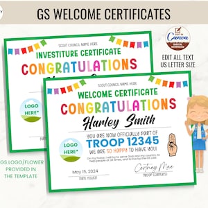 May include: Two white welcome certificates with green borders, colorful bunting, and text including "CONGRATULATIONS," "Harley Smith," "TROOP 12345," and "May 15, 2024." The design features a cartoon character, a hand sign, and placeholders for logos.