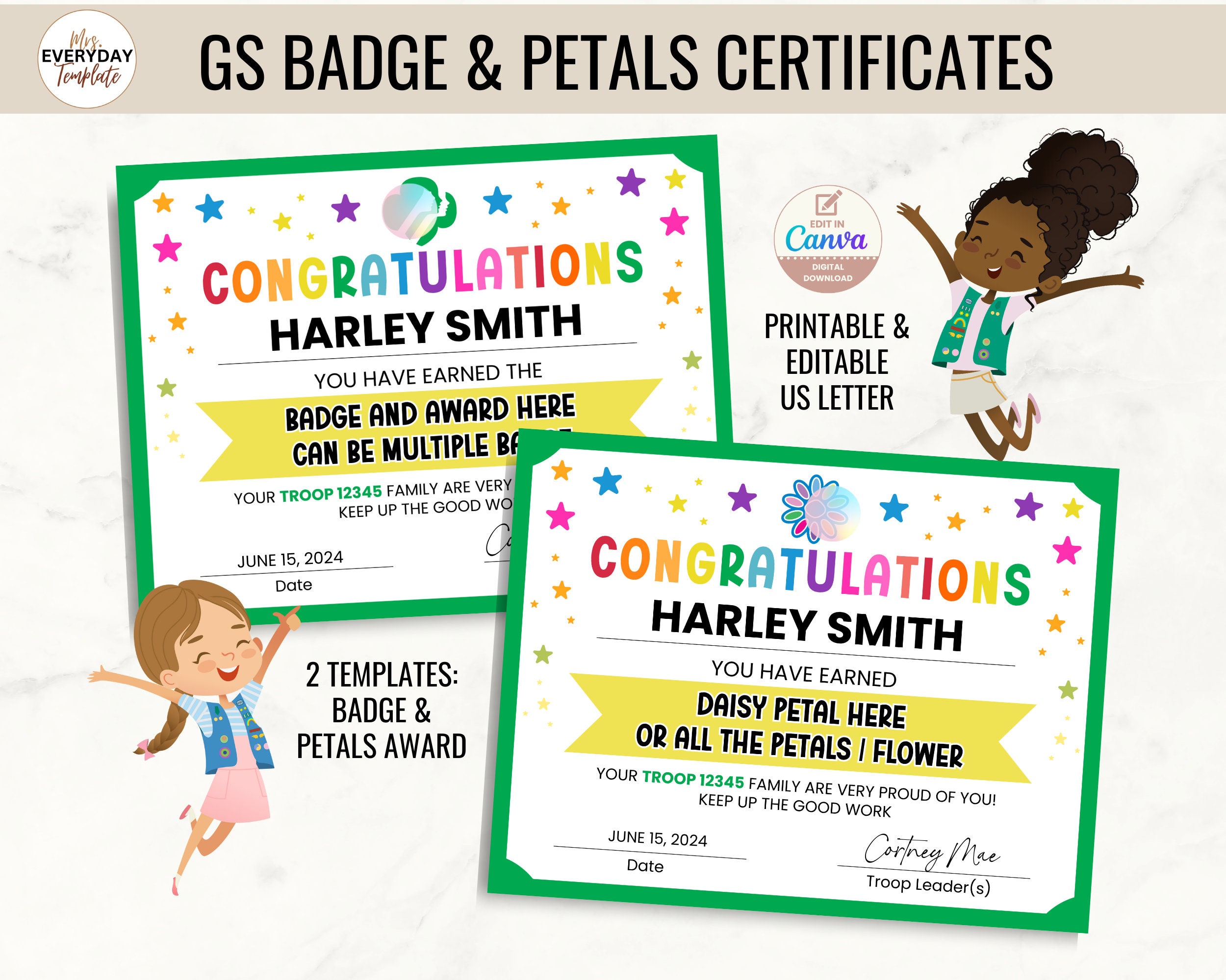 Editable Girl Scout Award Certificate Badge and Daisy Petal Achievement ...