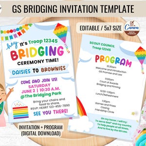 Pfadfinder-Überbrückungseinladung + Party-Programm bearbeitbare Vorlage Abschlussfeier-Einladung Mädchen-Scouting Jahresende-Truppen-Überbrückungszeremonie