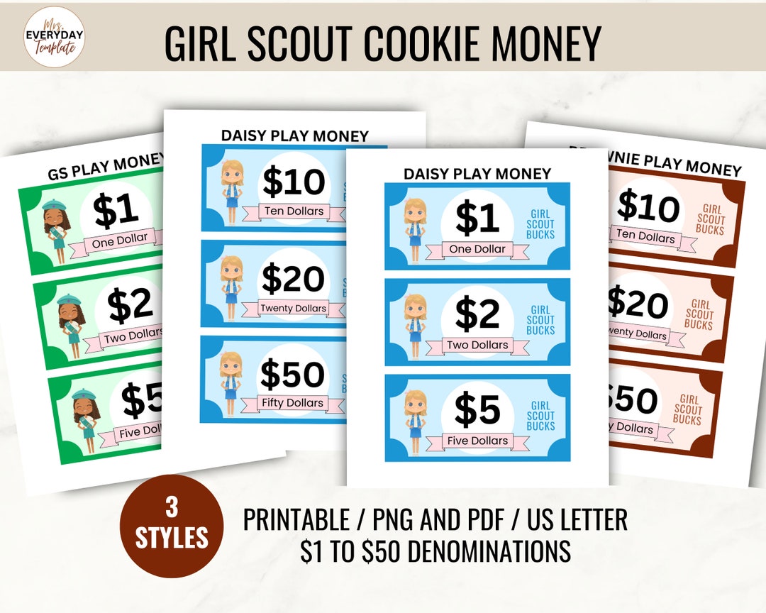 Girl Scout Play Money Printable, Girl Scout Cookie Money Role Play Skit ...