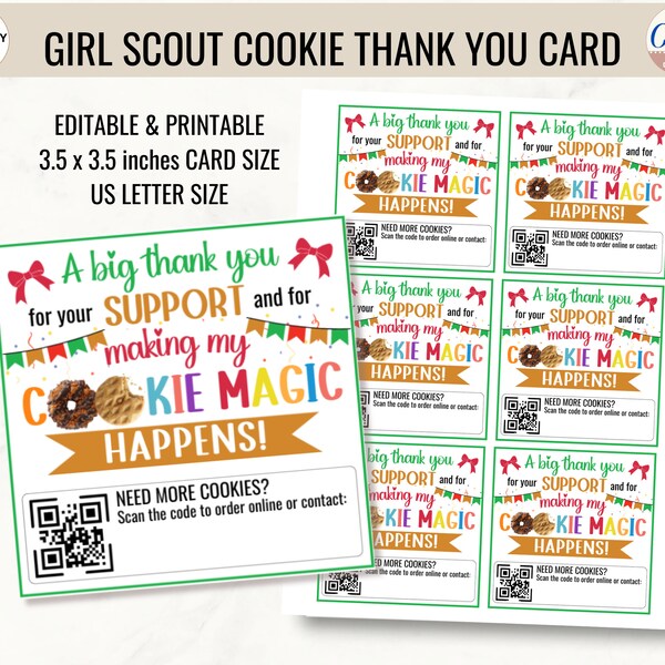 Carte de remerciement Girl Scout Cookie avec QR Code pour LBB & ABC Cookies Imprimable Modifiable. Réapprovisionnement en étiquette de cookie, carte de remerciement pour l'achat