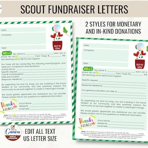 Carta personalizada para recaudar fondos para Scouts, plantilla editable para solicitar donaciones, folleto para recaudar fondos, papelería para Girl Scouts, formulario en blanco, bloc de notas