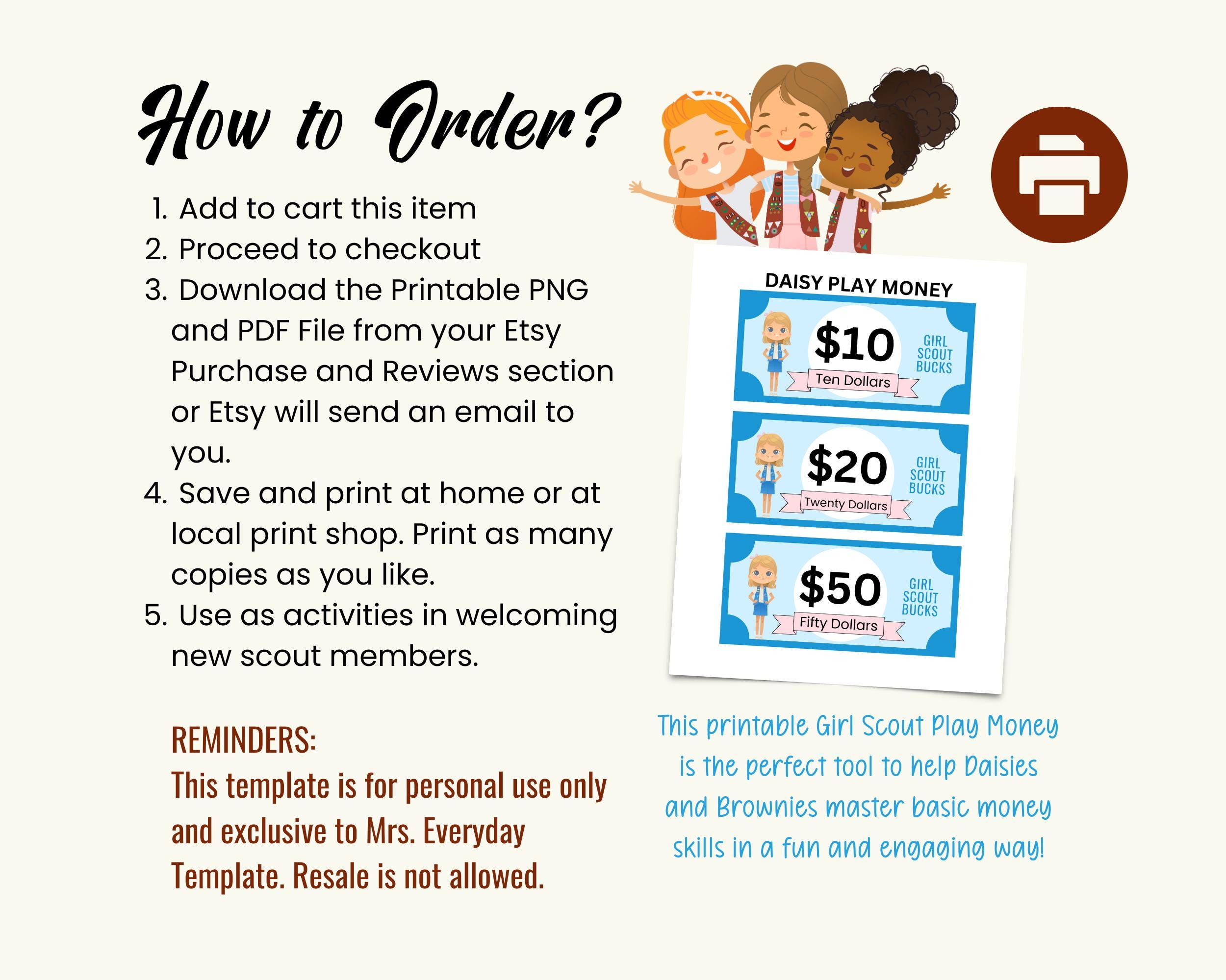 Girl Scout Play Money Printable, Girl Scout Cookie Money Role Play Skit ...