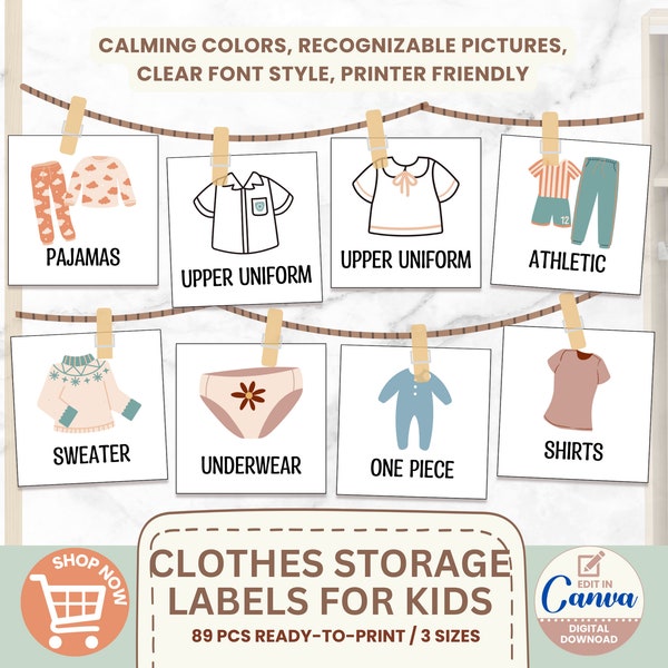 Editable Printable Storage Label Clothes for Kids with Pictures, Kids Toddler Clothing Closet Drawer Labels, Organization Visual Labels ADHD