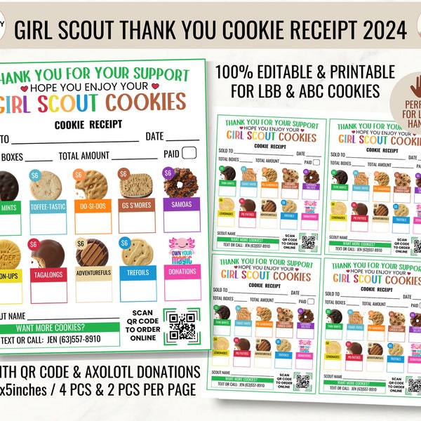 Girl Scout Cookie Receipt with QR Code Thank You Note and Reorder Cookie Info for LBB and ABC Cookies, Delivery Receipt for Daisy & Brownies