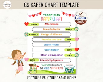 May include: A printable chart template for a Girl Scout troop, featuring a colorful design with hearts, flowers, and a vintage van. The chart is titled "Troop 12345 Kaper Chart" and lists various roles for troop members, such as Attendance, Dues Collector, Pledge of Alliance, Promise and Law, Snack Helper, Craft Helper, Clean Up Inspector, and Friendship Squeeze. The chart also includes the phrase "Together we can make the world a better place".
