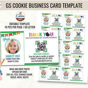 Scout Cookie Visitenkarte bearbeitbare Cookie Sale Kontaktkarte mit QR-Code & Foto, Cookie Dankeschön-Tag Girl Scouting Cookie Verkäufer Kit