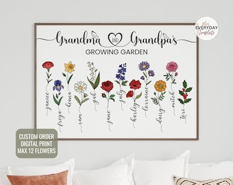 Custom Grandma's Garden Birthflower Gift for Grandma Mothers Day Gift Family Birth Flower Print for Mom Birthday Gift Custom Family Keepsake