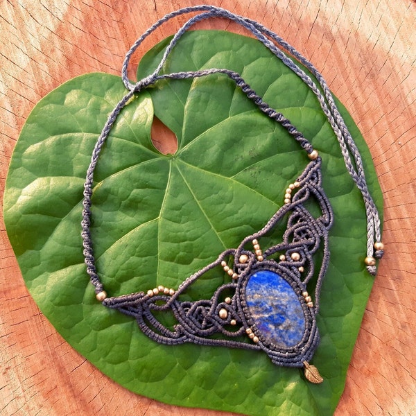 Macrame Necklace Pendant Jewelry Lapiz Lazuli Stone Cord Handmade Bohemian necklace bohemian chic gemstone choker N014
